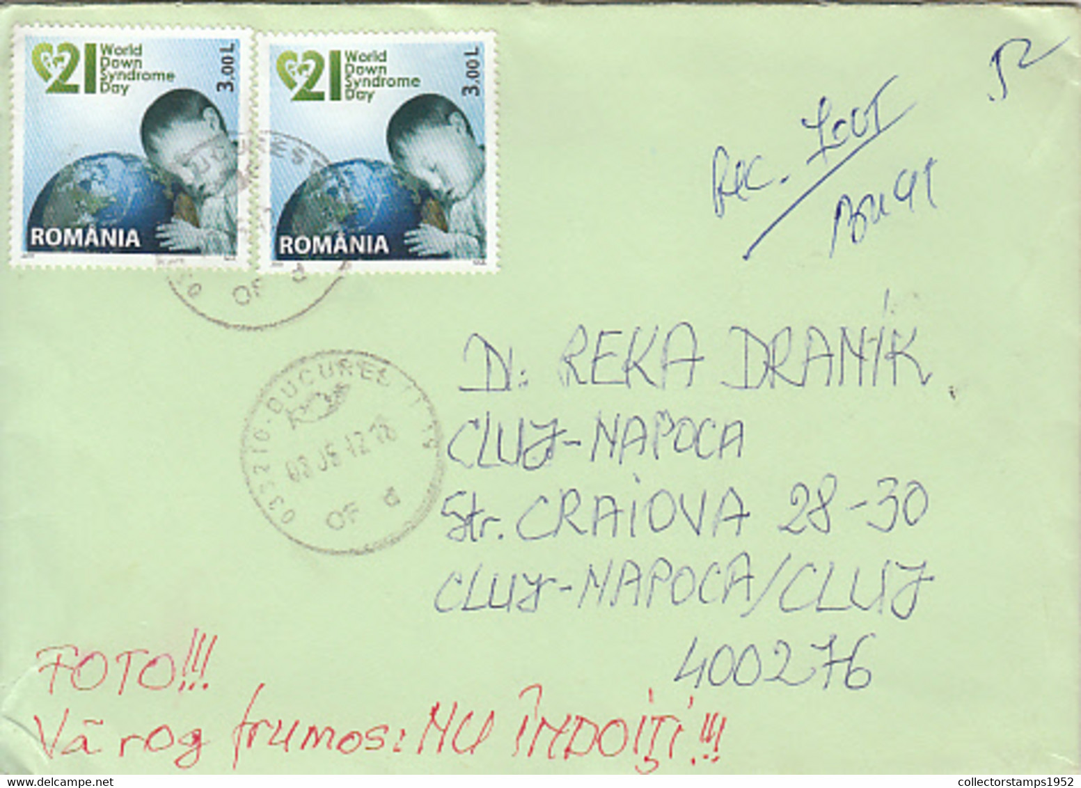 95400- WORLD DOWN SYNDROME DAY, STAMPS ON REGISTERED COVER, 2012, ROMANIA - Cartas & Documentos