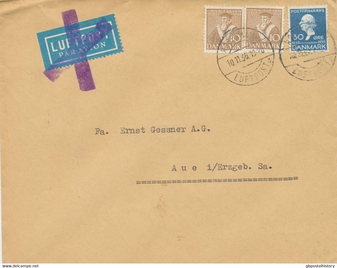 DÄNEMARK 1936, Hans Christian Andersen 30 Ö Und Reformator Hans Tausen 10 Ö (2 X) Auf Früher Luftpostbrief Mit Seltener - Poste Aérienne