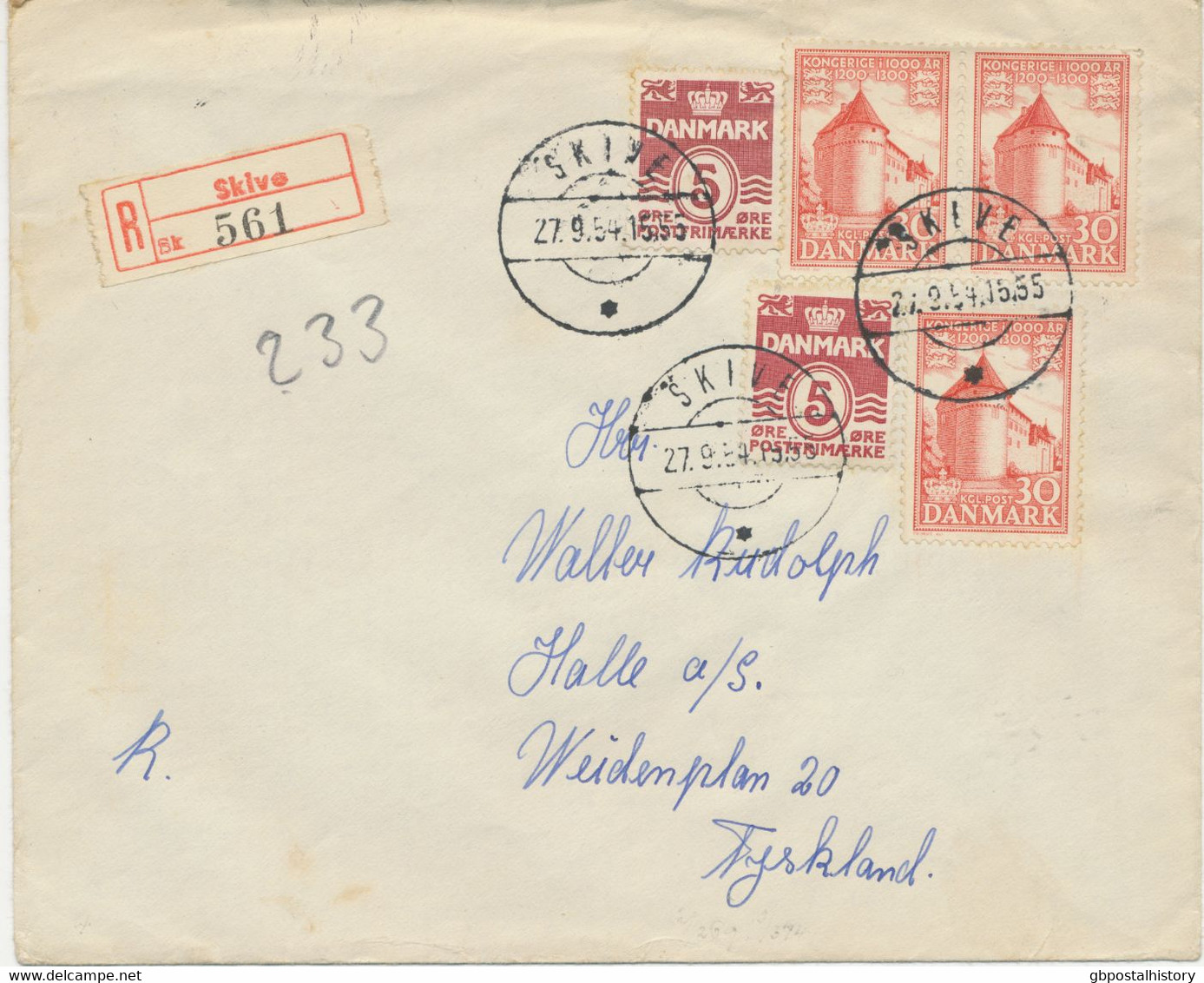 DÄNEMARK 1954, 30 Ö (3 X) 1000 Jahre Königreich Dänemark Mit Zusatzfrankatur Auf Pra.-R-Brief Von „SKIVE“ Nach HALLE A/d - Covers & Documents