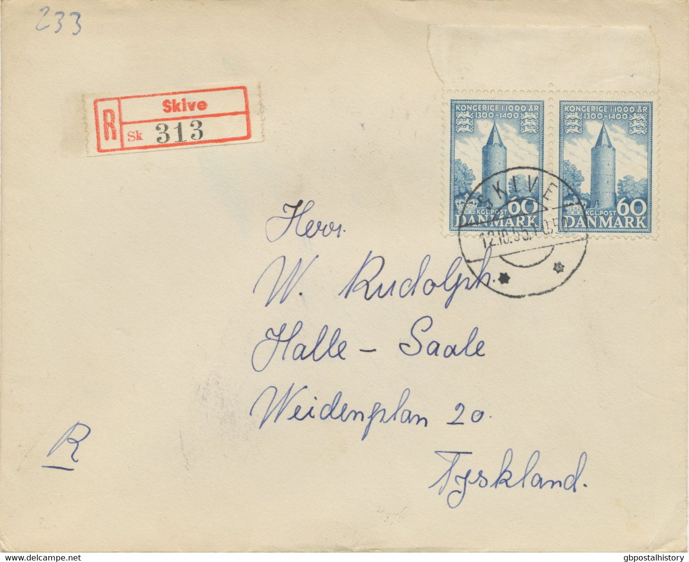 DÄNEMARK 1955, 60 Ö (2 X) 1000 Jahre Königreich Dänemark Kab.-R-Brief Von „SKIVE“ Nach HALLE A/d SAALE, DDR - Briefe U. Dokumente