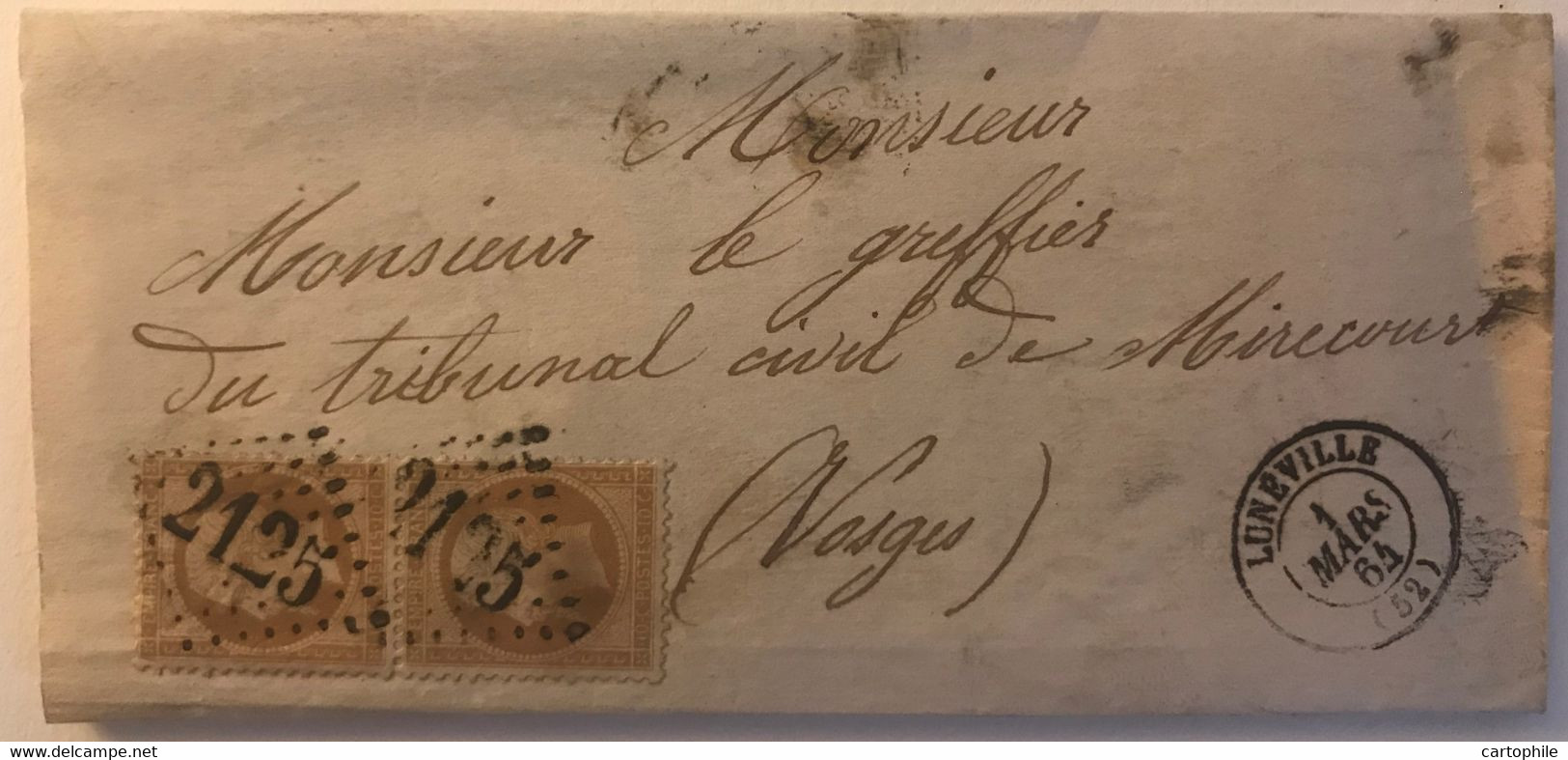 Lettre De Luneville 1864 Pour Mirecourt Vosges - CàD Ambulant Strasbourg à Paris (lettre G) - Paire Napoleon III 10 Cts - Railway Post