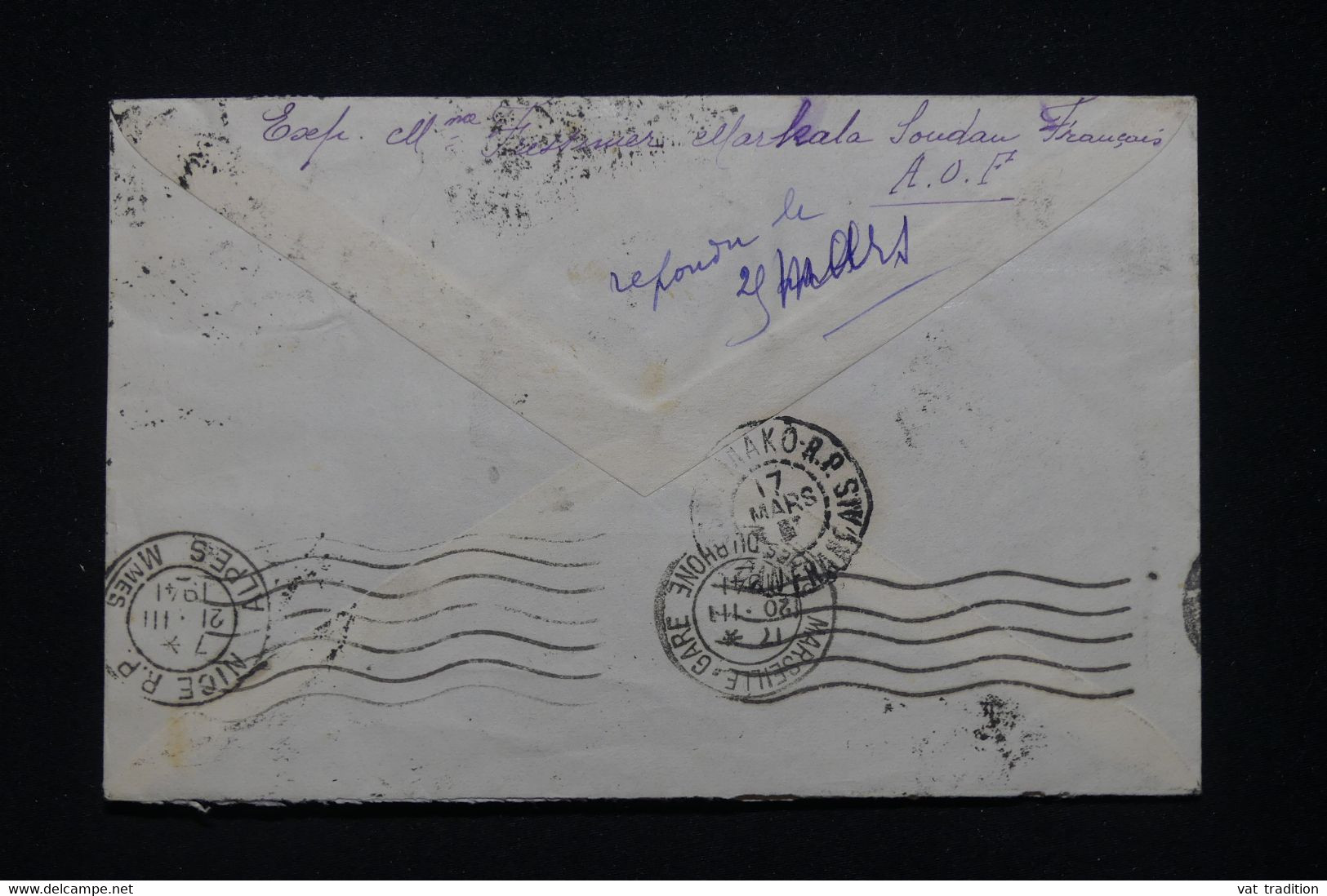 SOUDAN - Enveloppe De Markala Pour Nice En 1941 Par Avion -  L 96100 - Briefe U. Dokumente