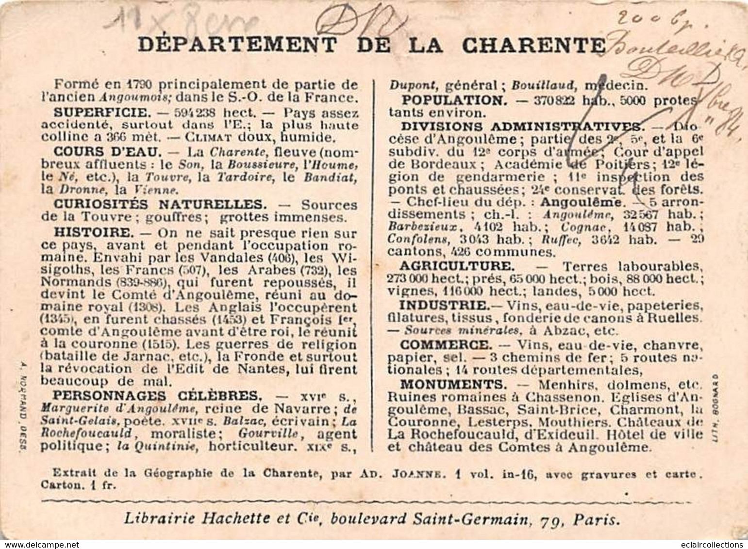 Divers          16        Image  Département De La Charente    11x8 Cms    (voir Scan) - Andere & Zonder Classificatie