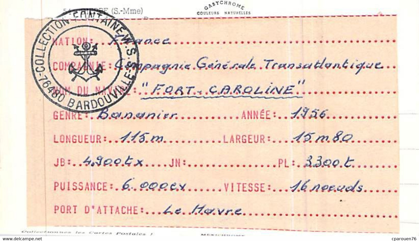 Cpsm Dieppe  Bananier   Bateau Cargo  " Fort Caroline    "  C.G.T Compagnie Générale Transatlantique - Cargos