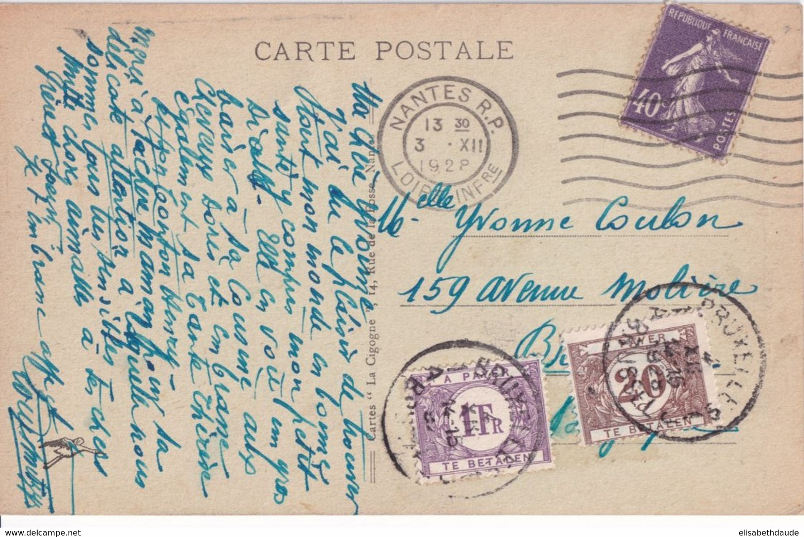 SEMEUSE - 1928 - YVERT N°236 Sur CARTE TAXEE De NANTES => BRUXELLES (BELGIQUE) - Storia Postale