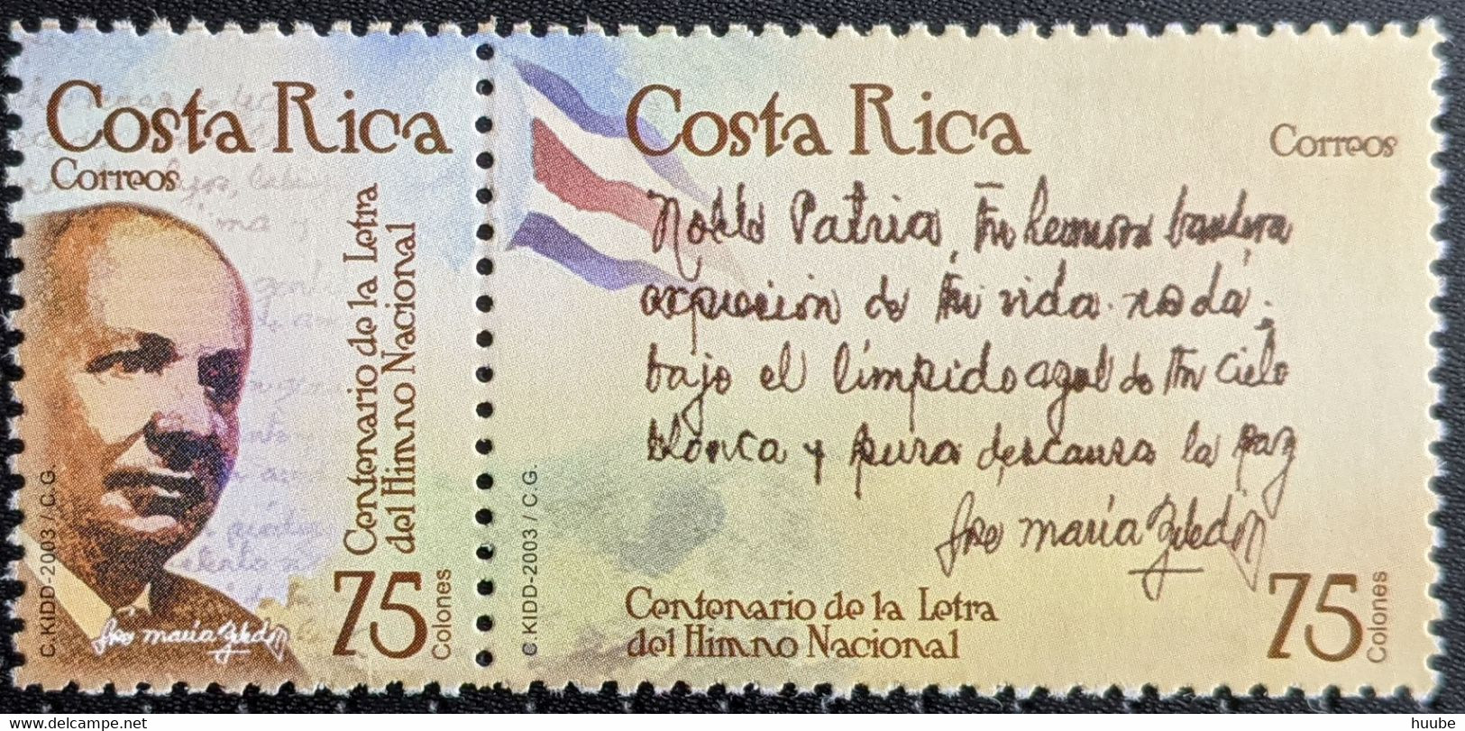 Costa Rica, 2003, Mi 1590-1591, The 100th Anniversary Of National Anthem Lyrics, Strip Of 2, MNH - Musique