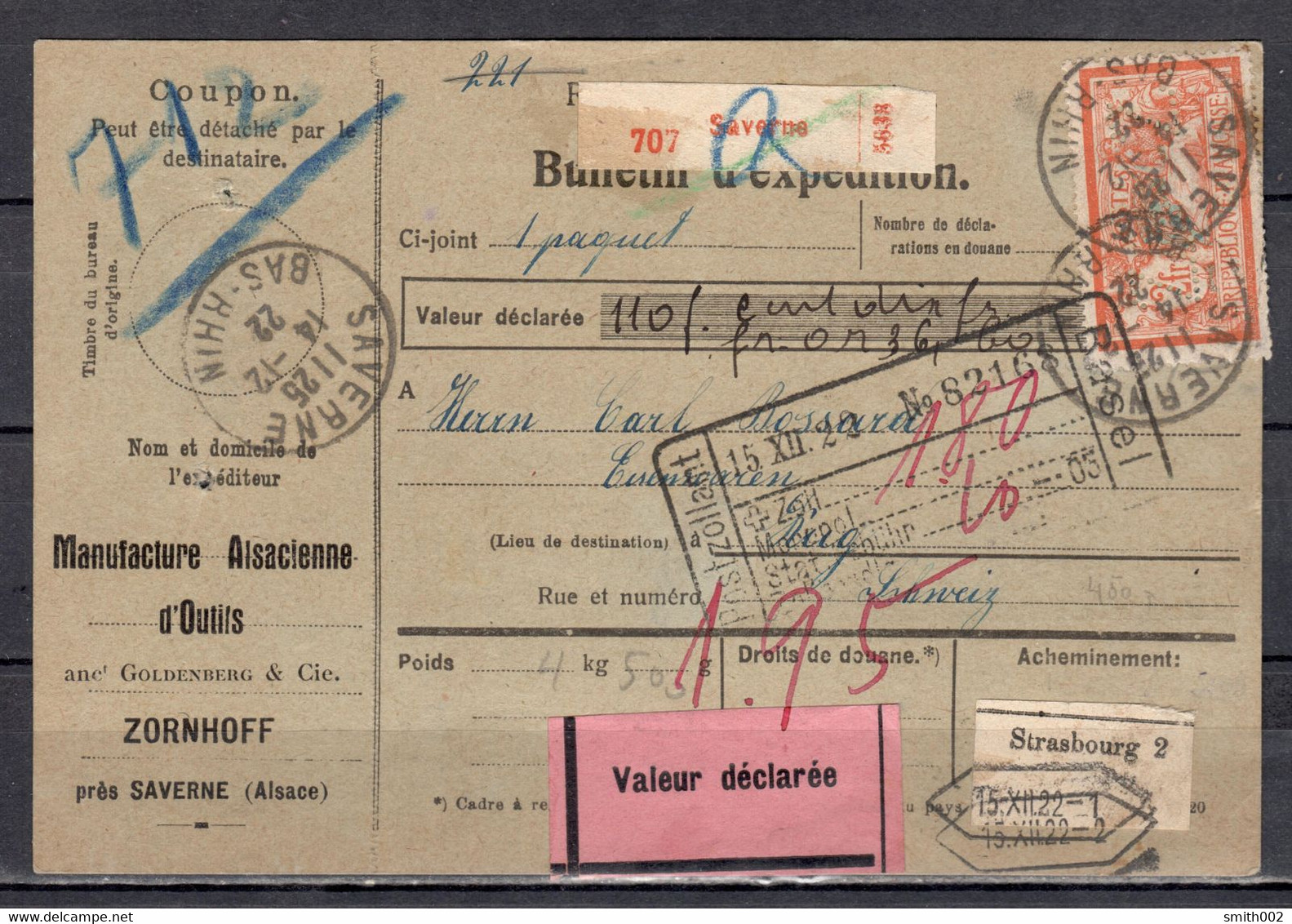 FRANCE - 1922, Bulletin D'expedition - Documents De La Poste