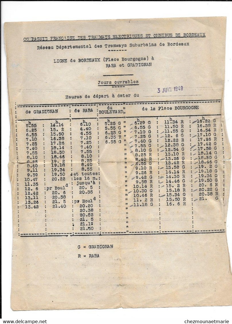 1948 LIGNE DE BORDEAUX A RABA ET GRADIGNAN - CIE TRAMWAYS OMNIBUS - HORAIRES - Documents Historiques