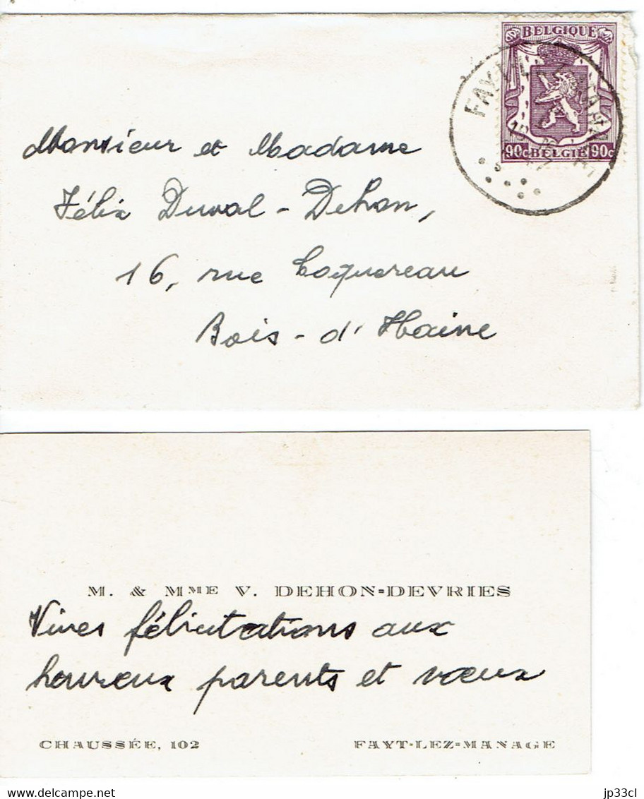 Carte De Visite Autographe De M. Et Mme V. Dehon-Devries, Chaussée, Fayt-lez-Manage (janvier 1947) - Visitenkarten