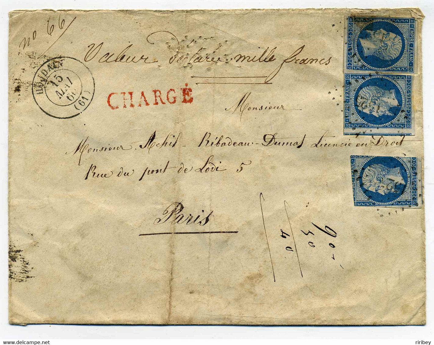 Lettre CHARGE De HAUDAIN / Dept 61 Pas De Calais / VD 1000 Frs / 1860 - 1849-1876: Classic Period