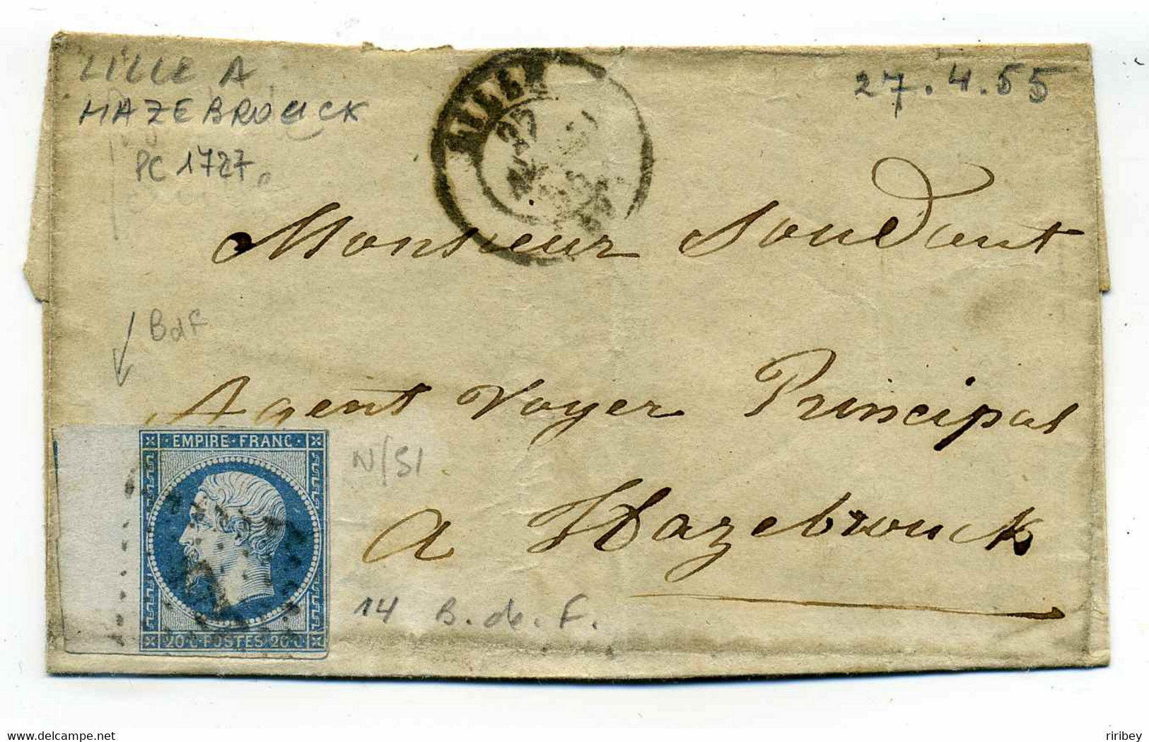 Napoléon YT N°14 Grand Bord De Feuille Sur Lettre De LILLE / 1855 - 1849-1876: Classic Period