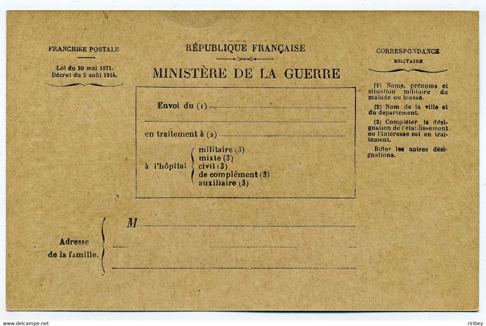 MINISTERE DE LA GUERRE / Bulletin De Santé D'un Militaire En Traitement  /  WW1 / Neuve - Covers & Documents