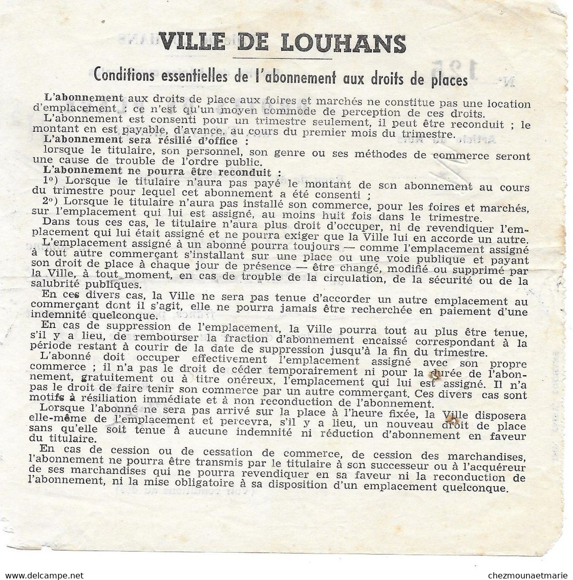 1952 LOUHANS - DROITS DE PLACE AUX FOIRES ET MARCHES POUR CLOUZEAUD JEAN A CUISERY - SAONE ET LOIRE - Historische Dokumente