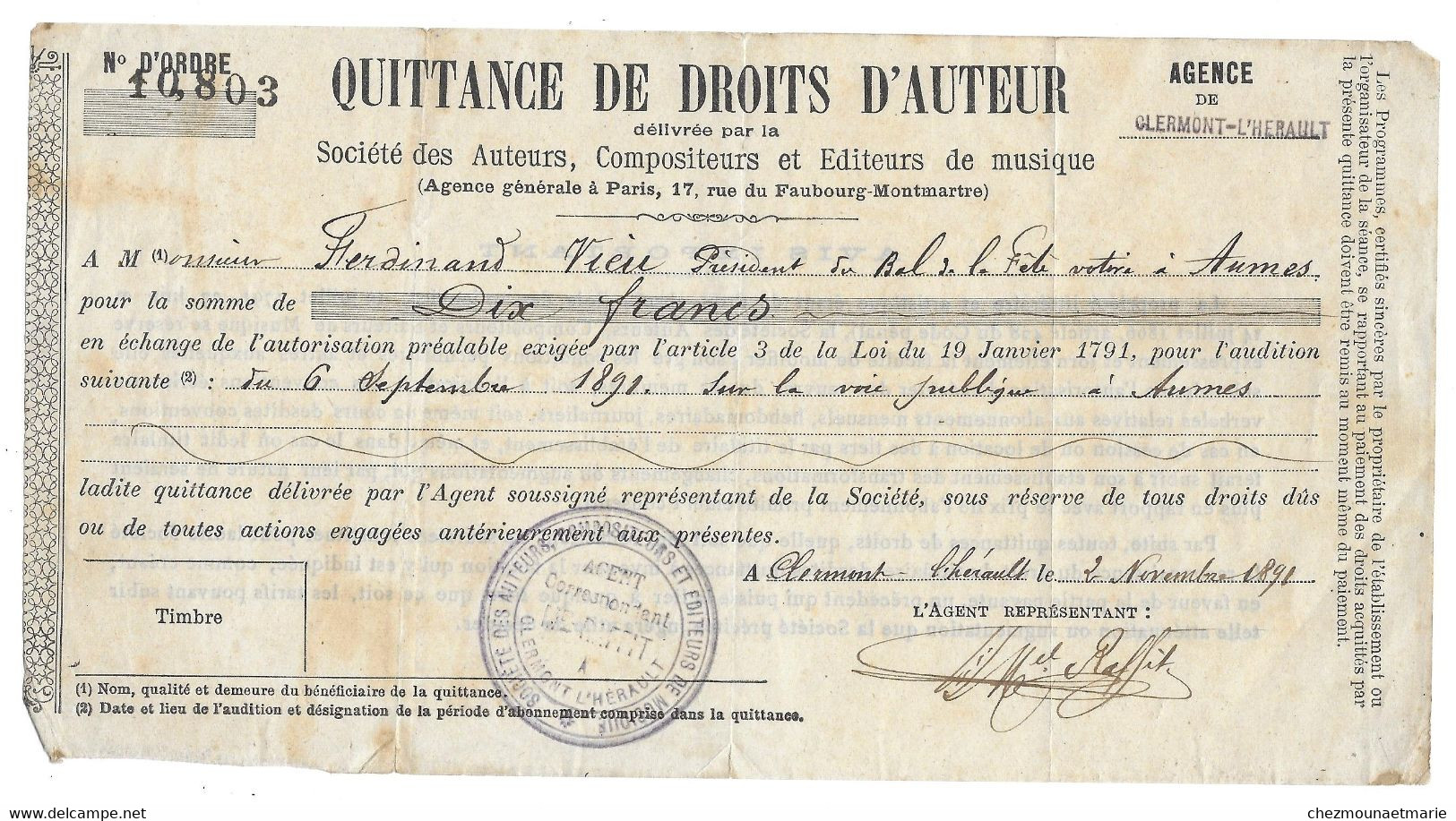 1891 CLERMONT L HERAULT - QUITTANCE DE DROITS D AUTEUR POUR FERDINAND VIEU PRSDT BAL DE LA FETE A AUMES - Historische Dokumente