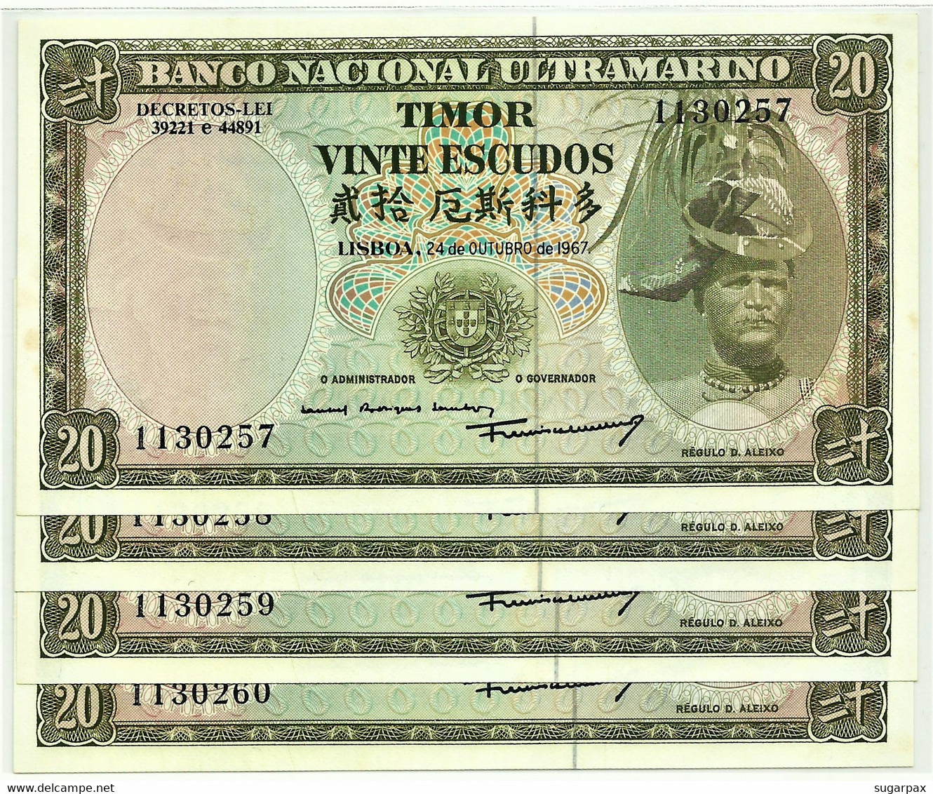 TIMOR - 4 X 20 ESCUDOS - 24.10.1967 - P 26 - Unc. - Sign. 7 - 7 Digits - REGULO D. ALEIXO - PORTUGAL - Timor