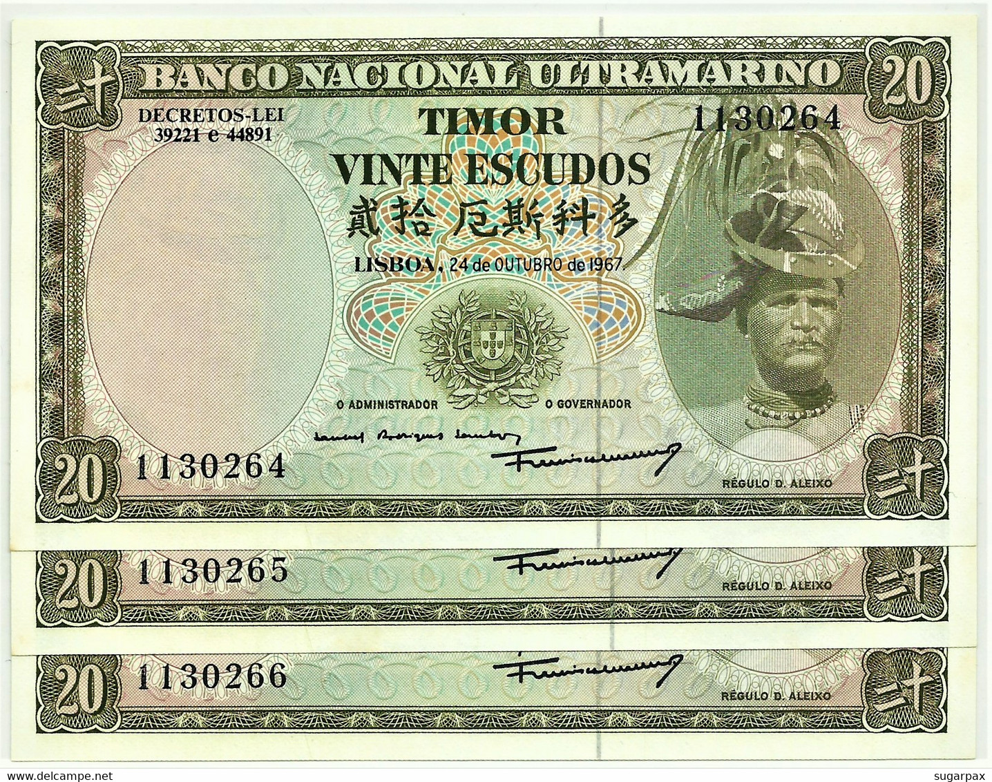 TIMOR - 3 X 20 ESCUDOS - 24.10.1967 - P 26 - Unc. - Sign. 7 - 7 Digits - REGULO D. ALEIXO - PORTUGAL - Timor