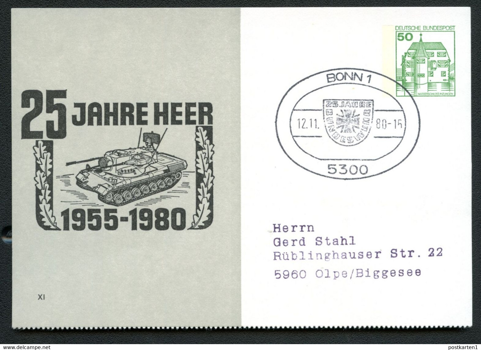 Bund PP104 C1/002 BUNDESWEHR PANZER GEPARD Sost. Bonn 1980 - Cartes Postales Privées - Oblitérées