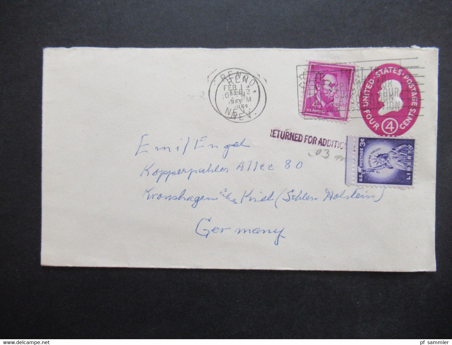 USA 1969 Ganzsachen Umschlag Mit Stempel L1 Returned For Additional Postage. Reno Nach Kronshagen über Kiel - Cartas & Documentos