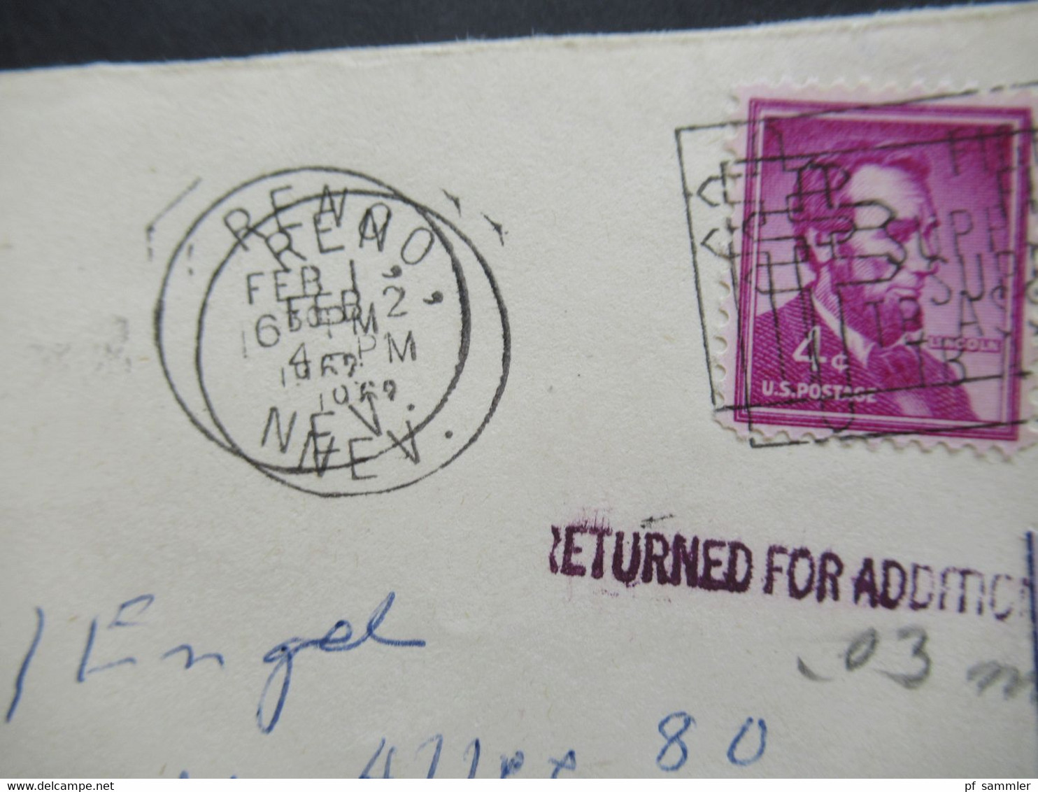 USA 1969 Ganzsachen Umschlag Mit Stempel L1 Returned For Additional Postage. Reno Nach Kronshagen über Kiel - Lettres & Documents