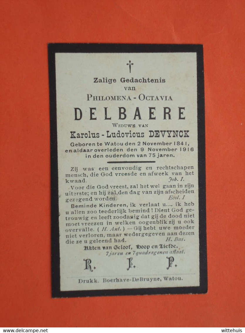 Philomena Delbaere - Devynck Geboren Te Watou 1841 En Overleden  1916   (2scans) - Religion & Esotérisme