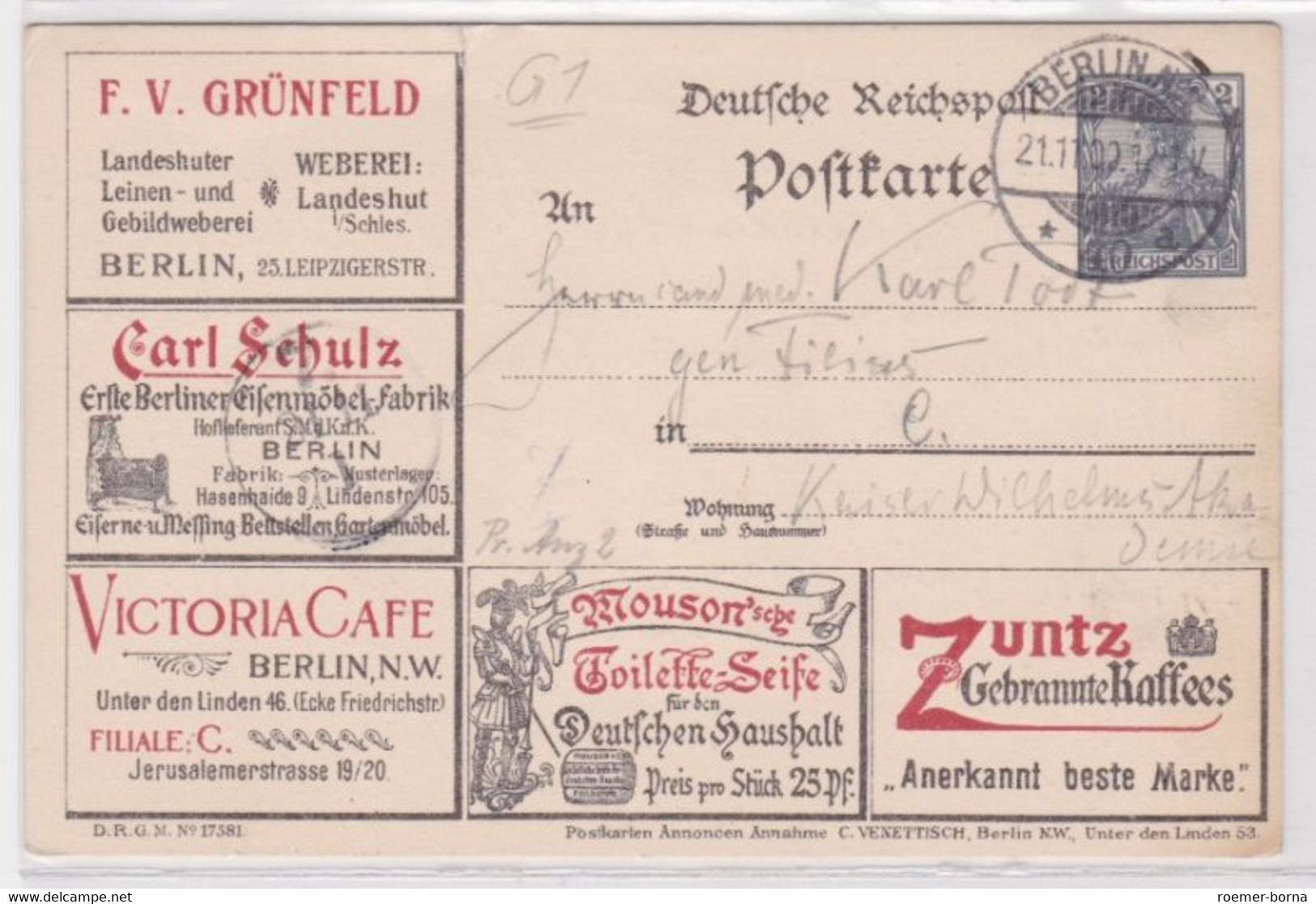 95855 DR Ganzsachen Postkarte PP11/G1 Reklame Berlin Firma F.V.Grünfeld 1900 - Autres & Non Classés