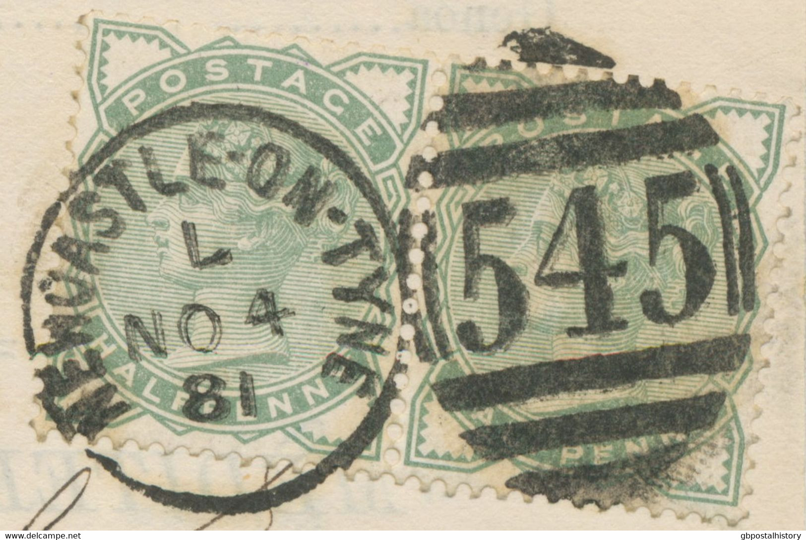 GB 1881 QV ½d Deep Green Pair, Rare Multiple Postage, Superb Used With Duplex Postmark „545 / NEWCASTLE-ON-TYNE“ (3VOD) - Storia Postale