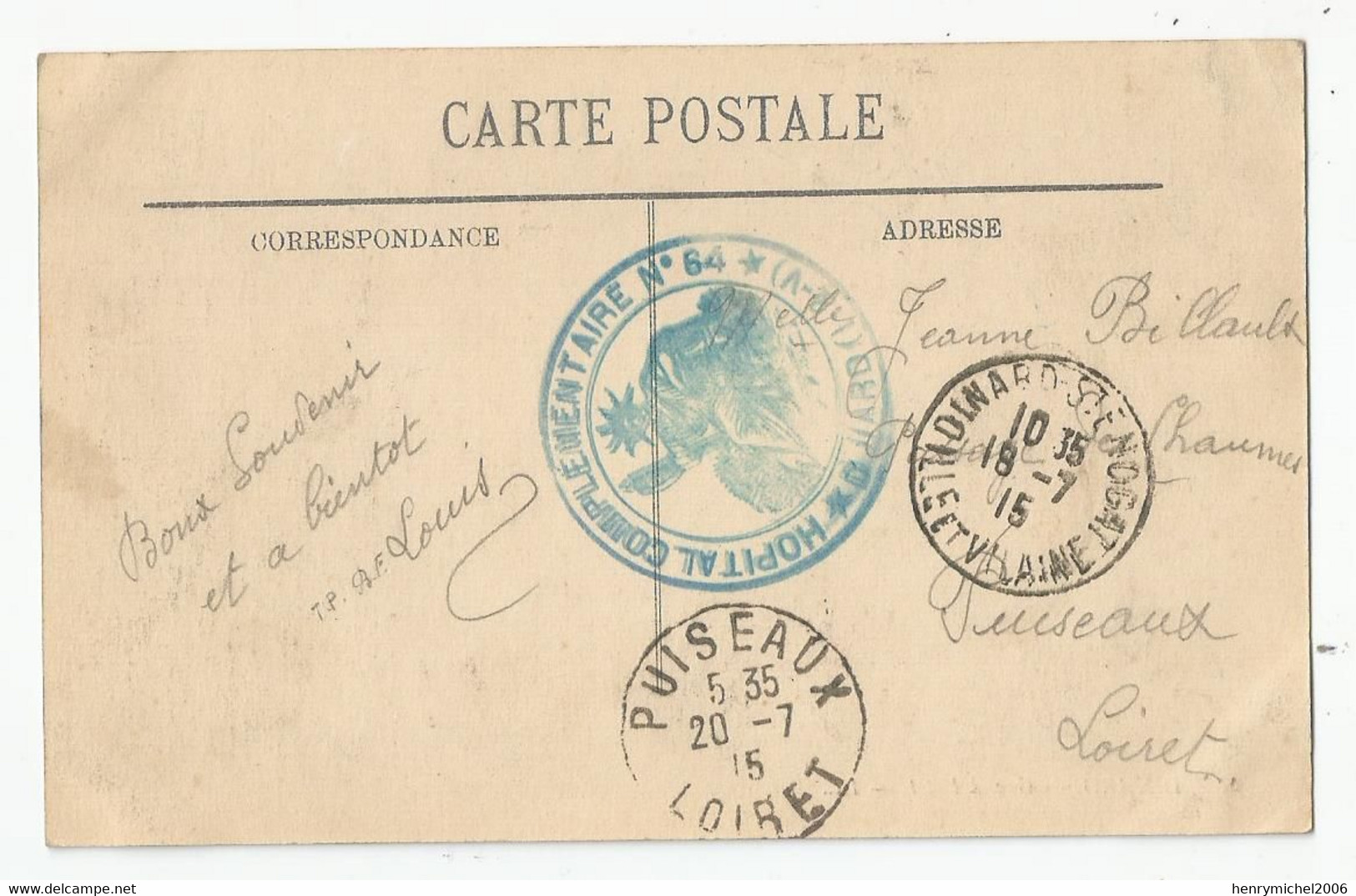 Marcophilie Cachet Hopital Complémentaire N64 Dinard 35 Pour Puiseaux Loiret 45 - 1915 - WW I