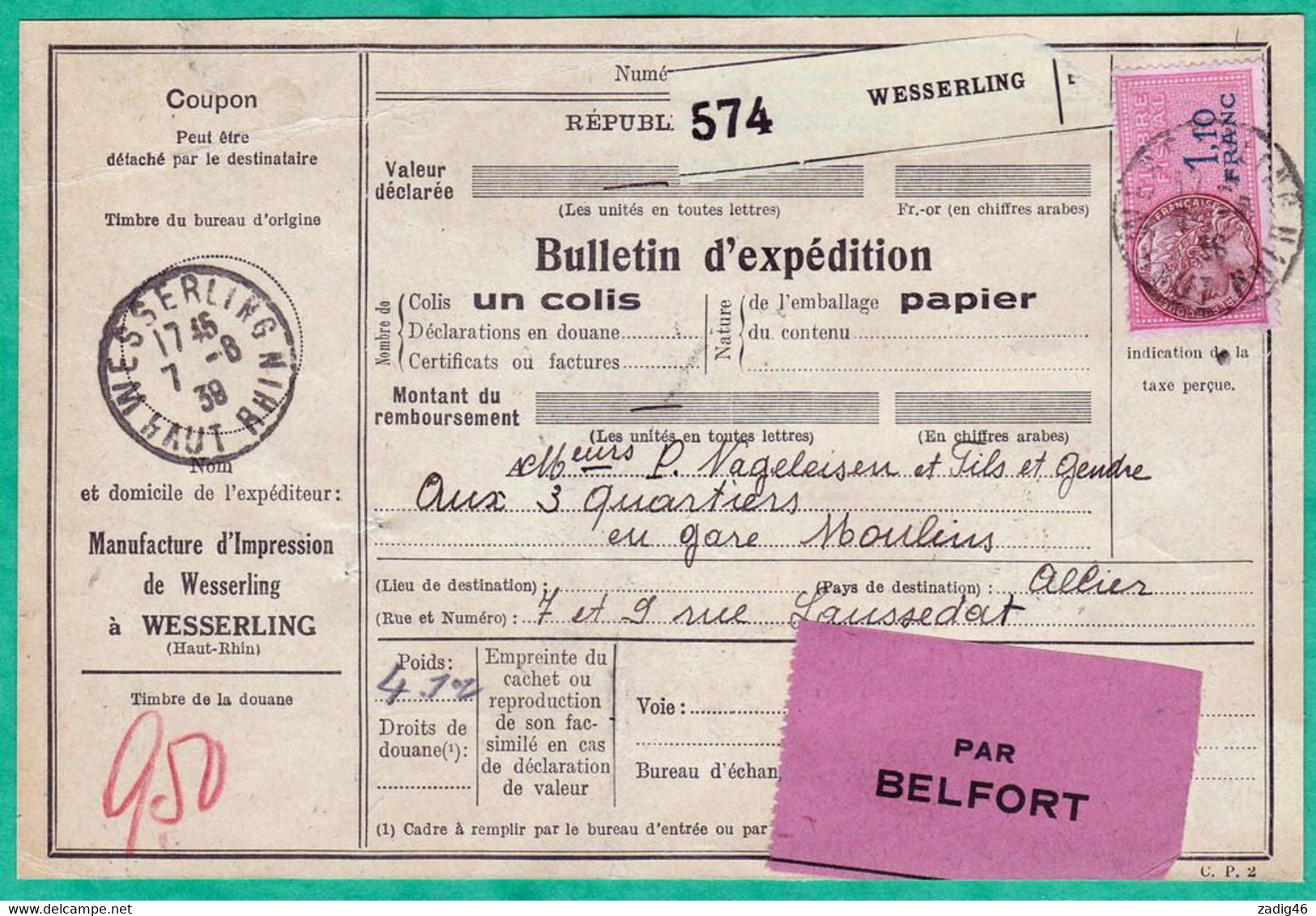 COLIS POSTAUX ALSACE LORRAINE - BULLETIN D'EXPEDITION DU 7 AOUT 1939 - 2 SCANS - Cartas & Documentos