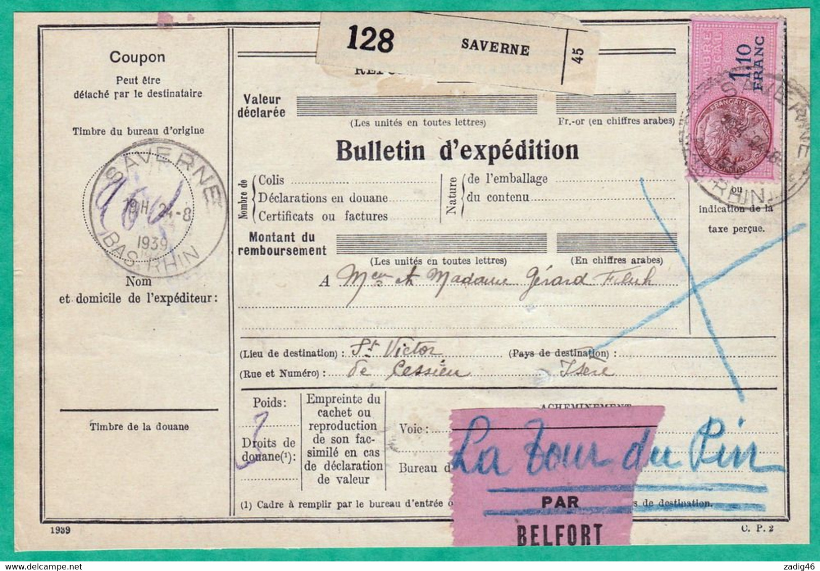 COLIS POSTAUX ALSACE LORRAINE - BULLETIN D'EXPEDITION DU 24 AOUT 1939 - 2 SCANS - Covers & Documents