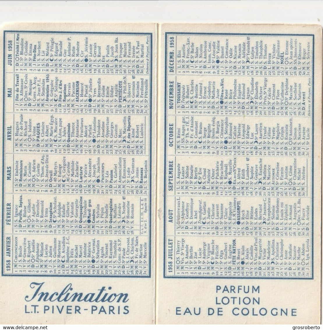 Ancien  Calendrier  1958 Parfum PIVERT /INCLINATION/parfumerie A.DUGAST/LE BOUPERE /VENDEE - Other & Unclassified