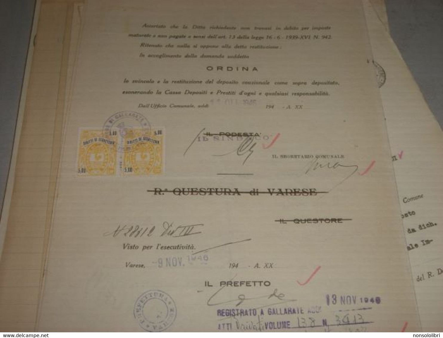 DOCUMENTO COMUNE DI GALLARATE 1946 CON MARCHE DA BOLLO COMUNE DI GALLARATE -DIRITTI DI SEGRETERIA - Fiscales
