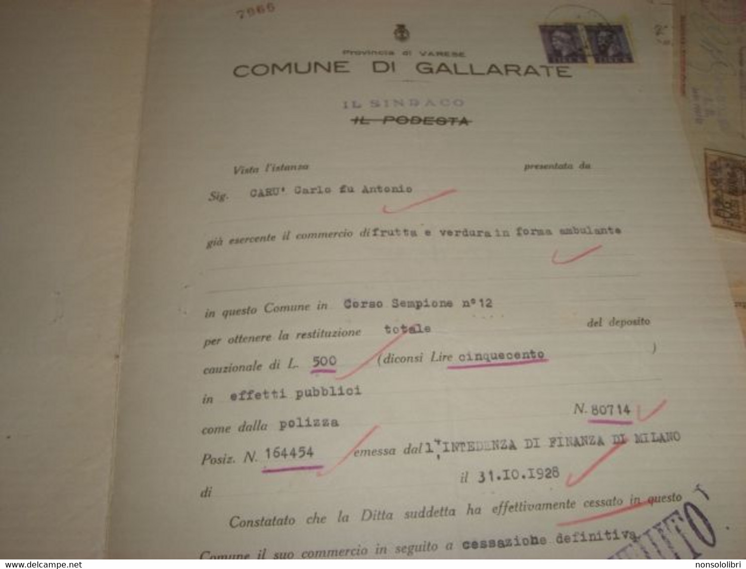 DOCUMENTO COMUNE DI GALLARATE 1946 CON MARCHE DA BOLLO COMUNE DI GALLARATE -DIRITTI DI SEGRETERIA - Fiscaux