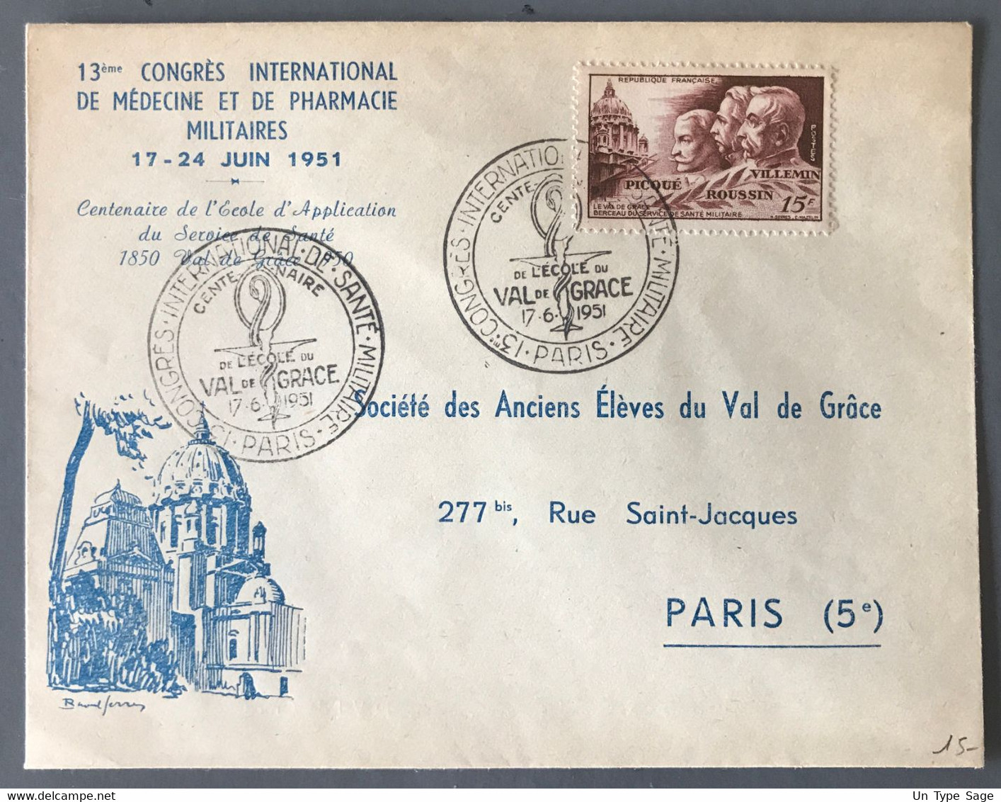 France FDC - ECOLE DU VAL DE GRACE - Paris 17.6.1951 - (B2647) - 1950-1959