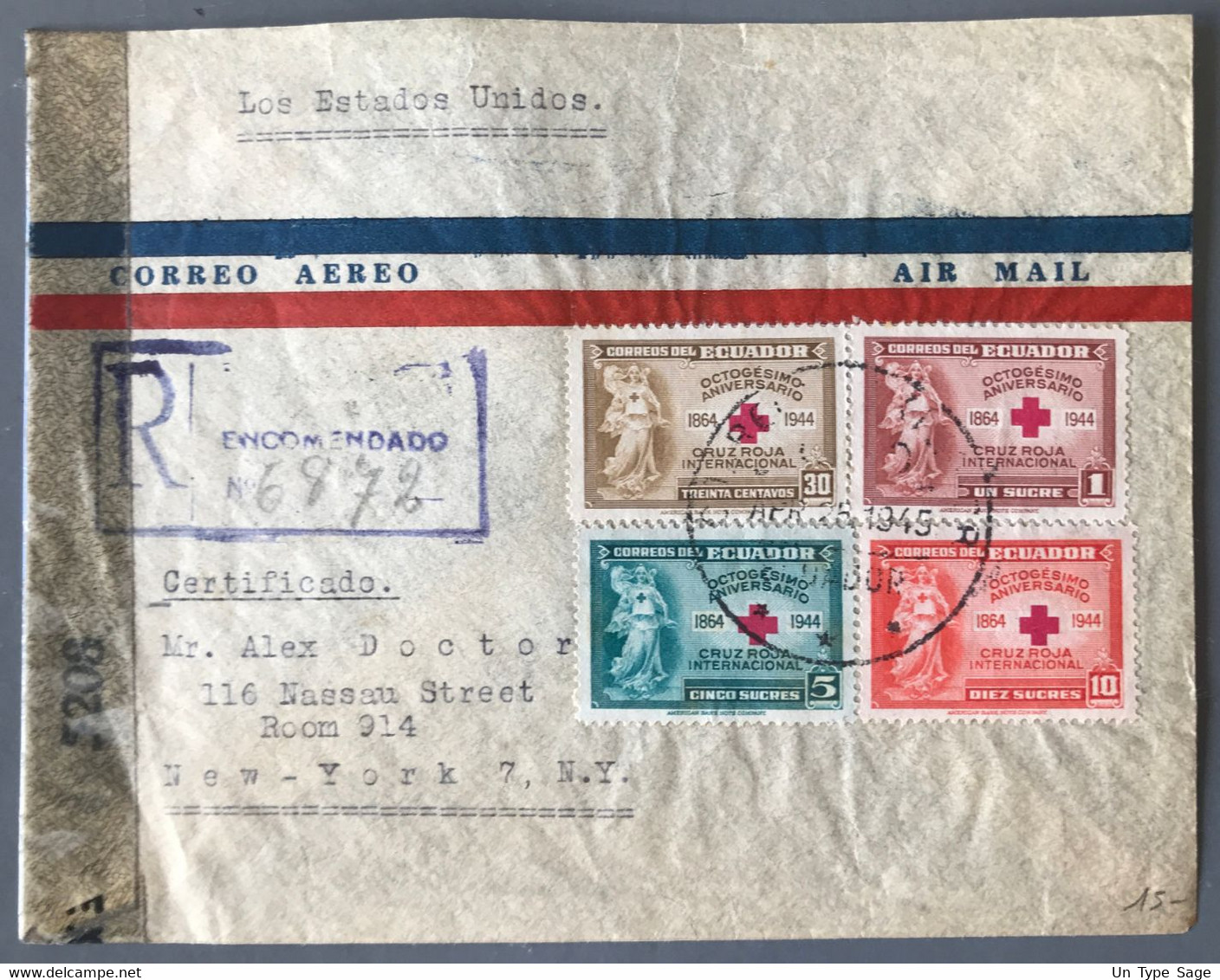 Equateur, Série Croix-rouge 1944 Sur Enveloppe Censurée De Quito 25.4.1945 Pour New York - (B2656) - Equateur