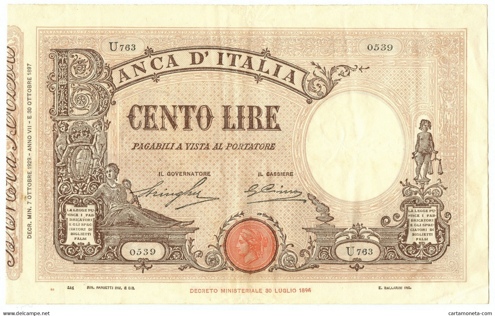 100 LIRE BARBETTI GRANDE B MATRICE LATERALE TESTINA FASCIO 07/10/1929 BB/SPL - Regno D'Italia – Autres