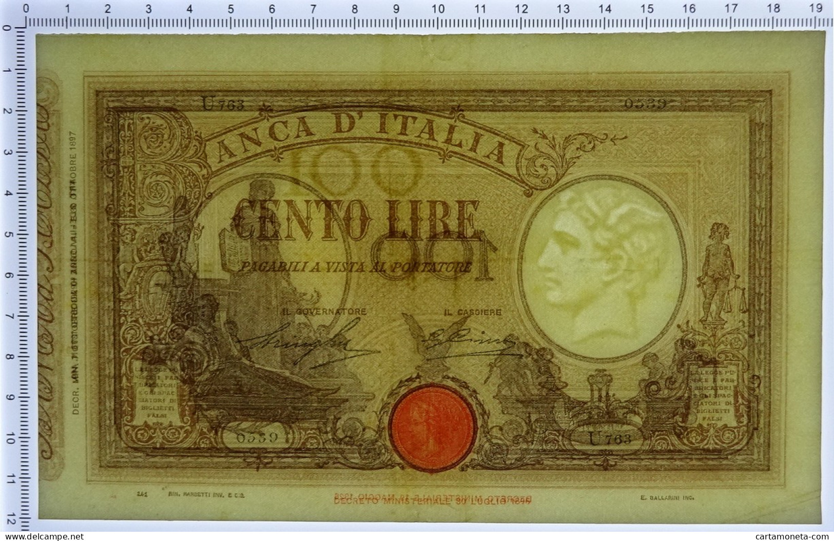 100 LIRE BARBETTI GRANDE B MATRICE LATERALE TESTINA FASCIO 07/10/1929 BB/SPL - Otros