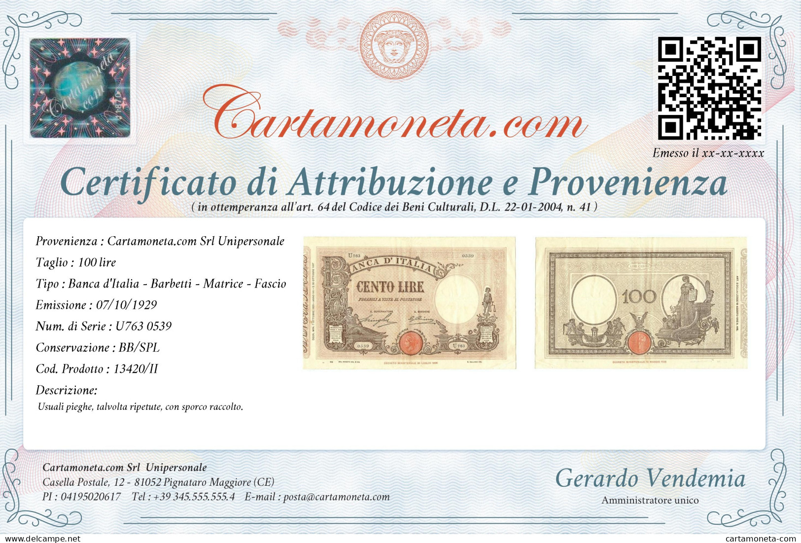 100 LIRE BARBETTI GRANDE B MATRICE LATERALE TESTINA FASCIO 07/10/1929 BB/SPL - Regno D'Italia – Autres