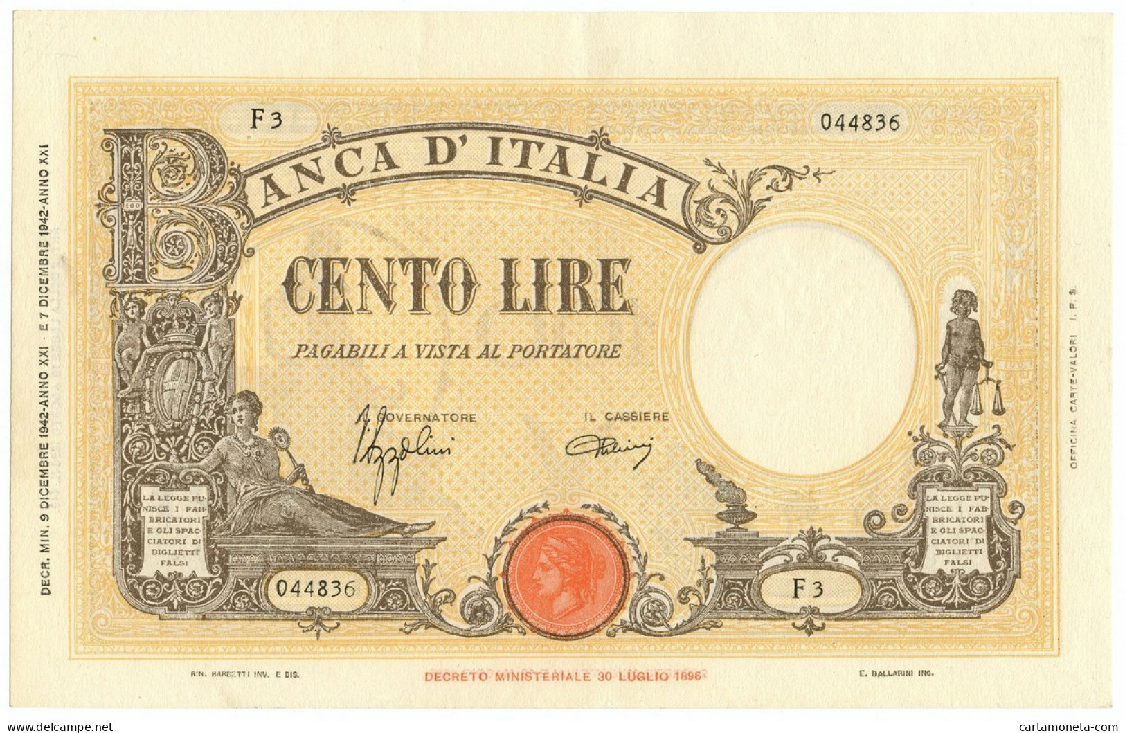 100 LIRE BARBETTI GRANDE B GIALLO TESTINA FASCIO 09/12/1942 SPL+ - Regno D'Italia – Autres