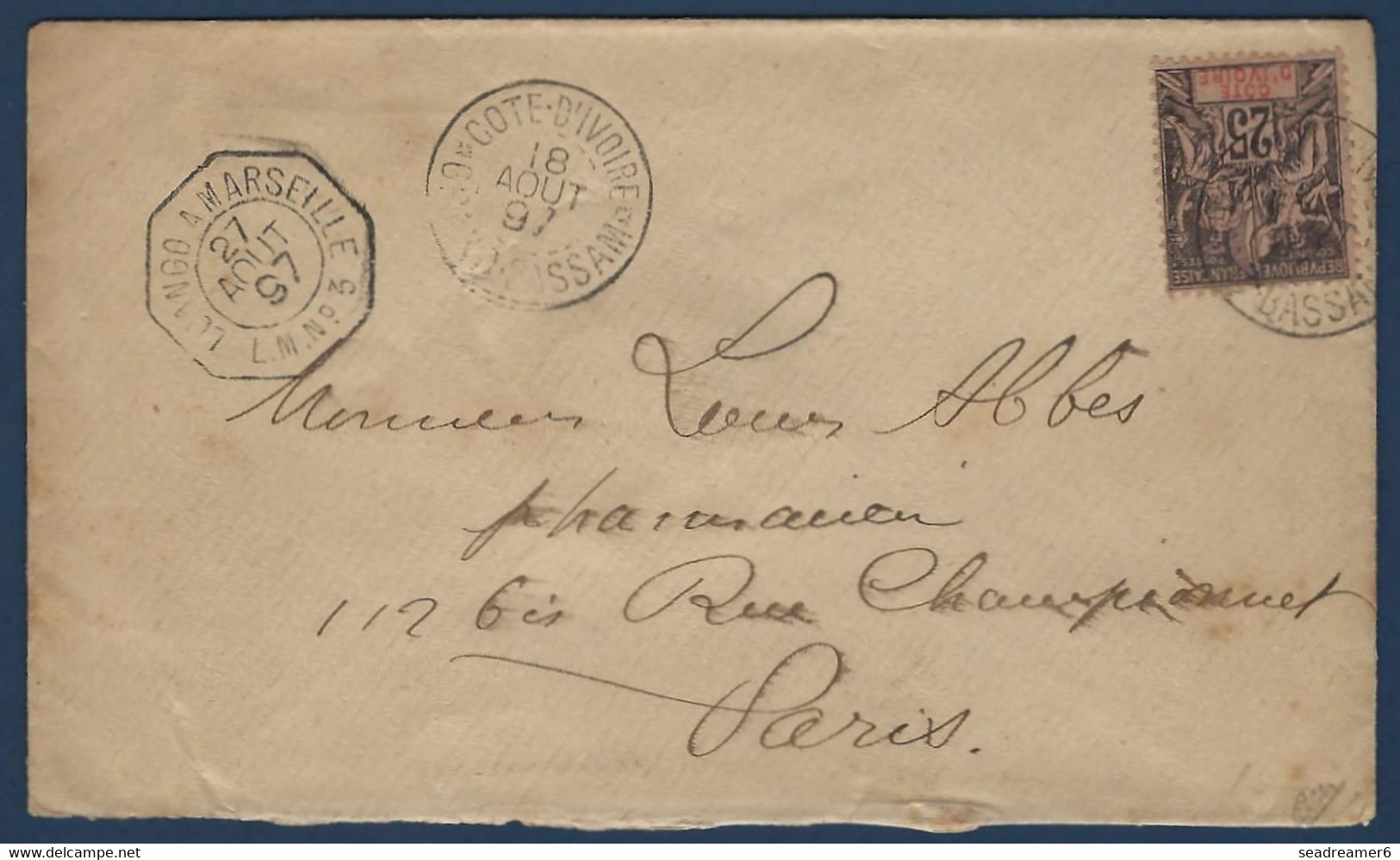 Lettre Oblitérée De Grand Bassam 1897 N°8 25c Noir /rose Pour Paris Dateur De La Ligne Loango A Marseille Signé Calves - Covers & Documents