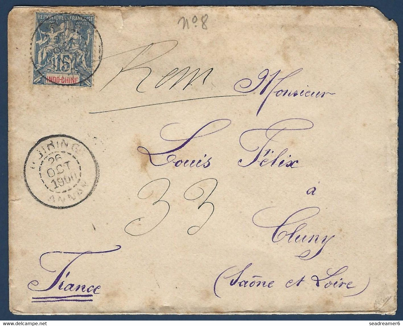 Lettre Oblitérée De Djiring 1900 N°8 15c Bleu Pour Cluny En France, Au Dos Transit Baria, Phan-tiet, Saigon Signé Calves - Storia Postale