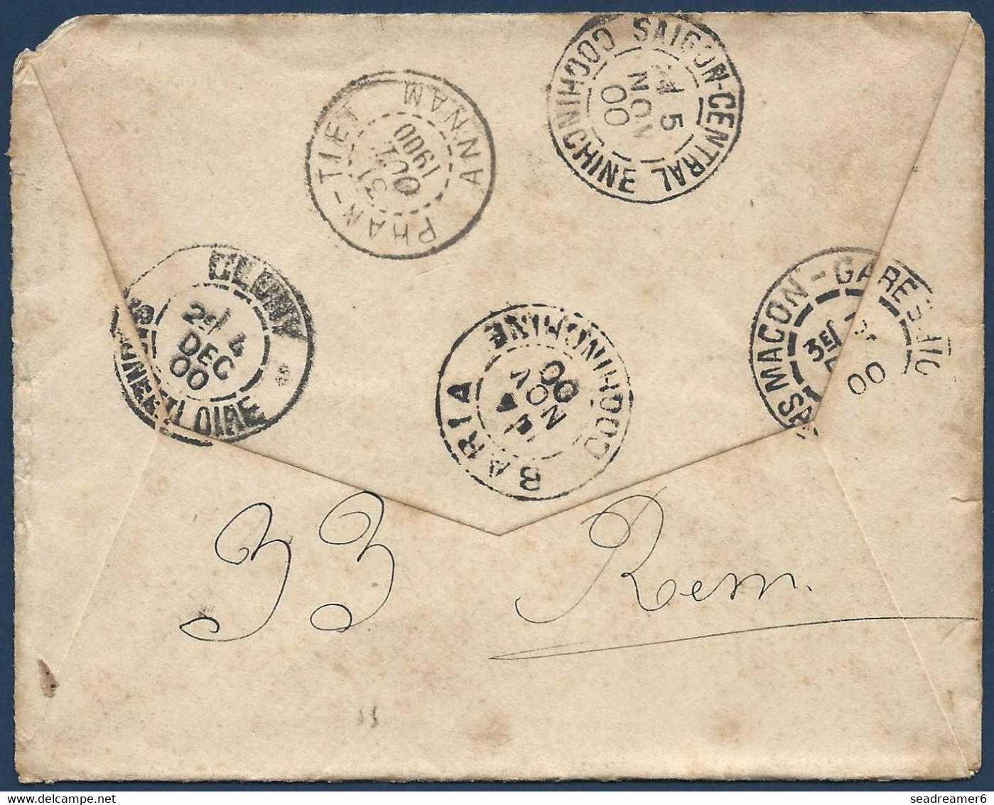 Lettre Oblitérée De Djiring 1900 N°8 15c Bleu Pour Cluny En France, Au Dos Transit Baria, Phan-tiet, Saigon Signé Calves - Storia Postale