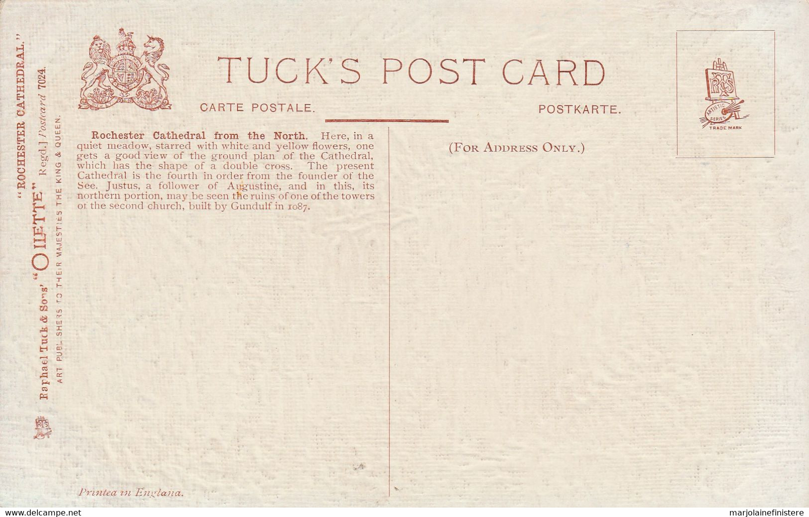 Rochester Cathedral. Charles E. Flower - TUCK'S POST CARD. "OILETTE" N° 7024. - Rochester