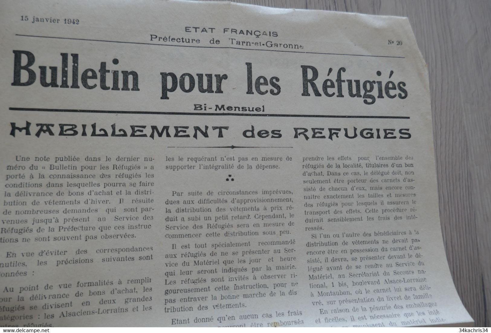Guerre 39/45  Etat Français Gouvernement De Vichy Tarn Et Garonne Bulletin Pour Réfugiés 1er Juin 1943 N°54 - Documenten