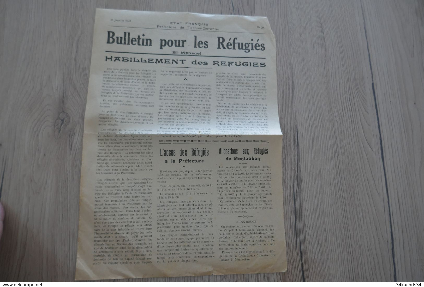 Guerre 39/45  Etat Français Gouvernement De Vichy Tarn Et Garonne Bulletin Pour Réfugiés 1er Juin 1943 N°54 - Documenten