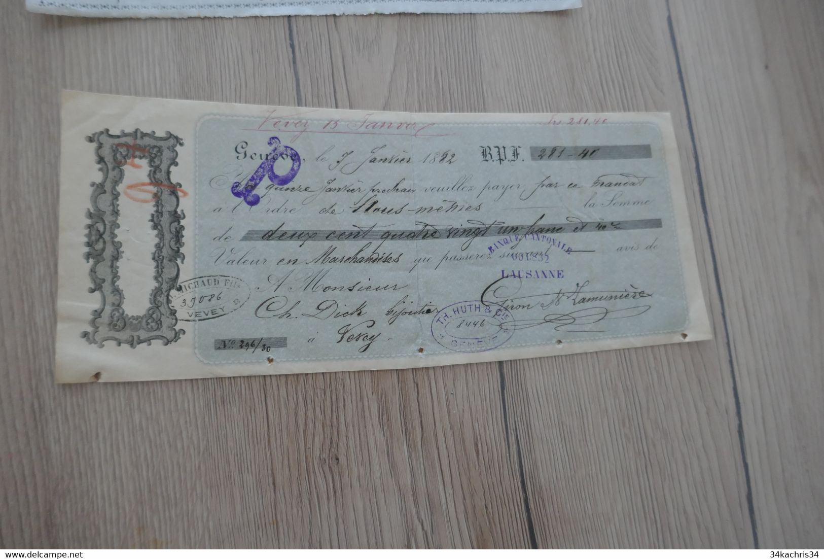 Lettre De Change Chèque Commercial  Suisse  Genève Huth Michaud 1882 - Zwitserland