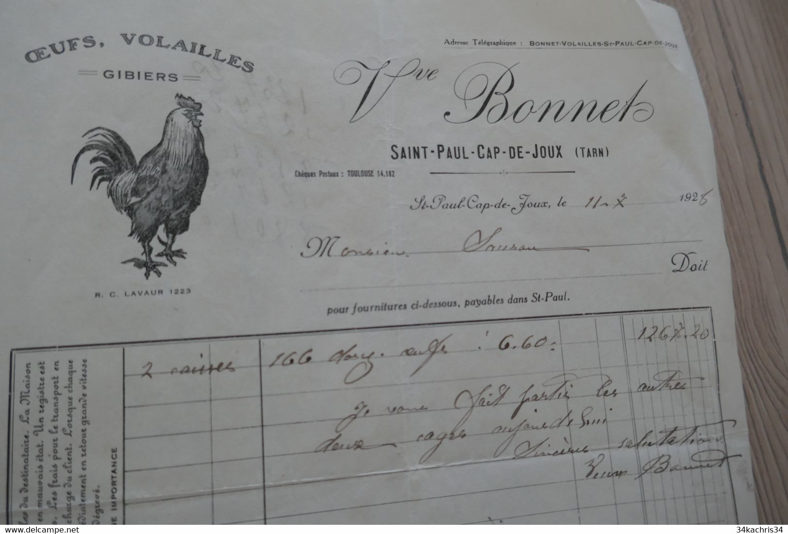 Facture Illustrée Agriculture Aviculture Bonnet Saint Paul Cap De Joux 1925 Oeufs Volailles Illustrée Coq - Food