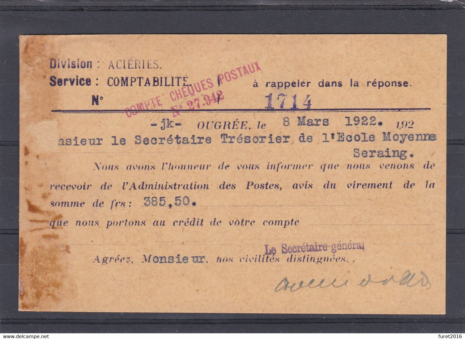 Albert Timbre PERFORE / Carte ACIERIE SA OUGREE - 1909-34