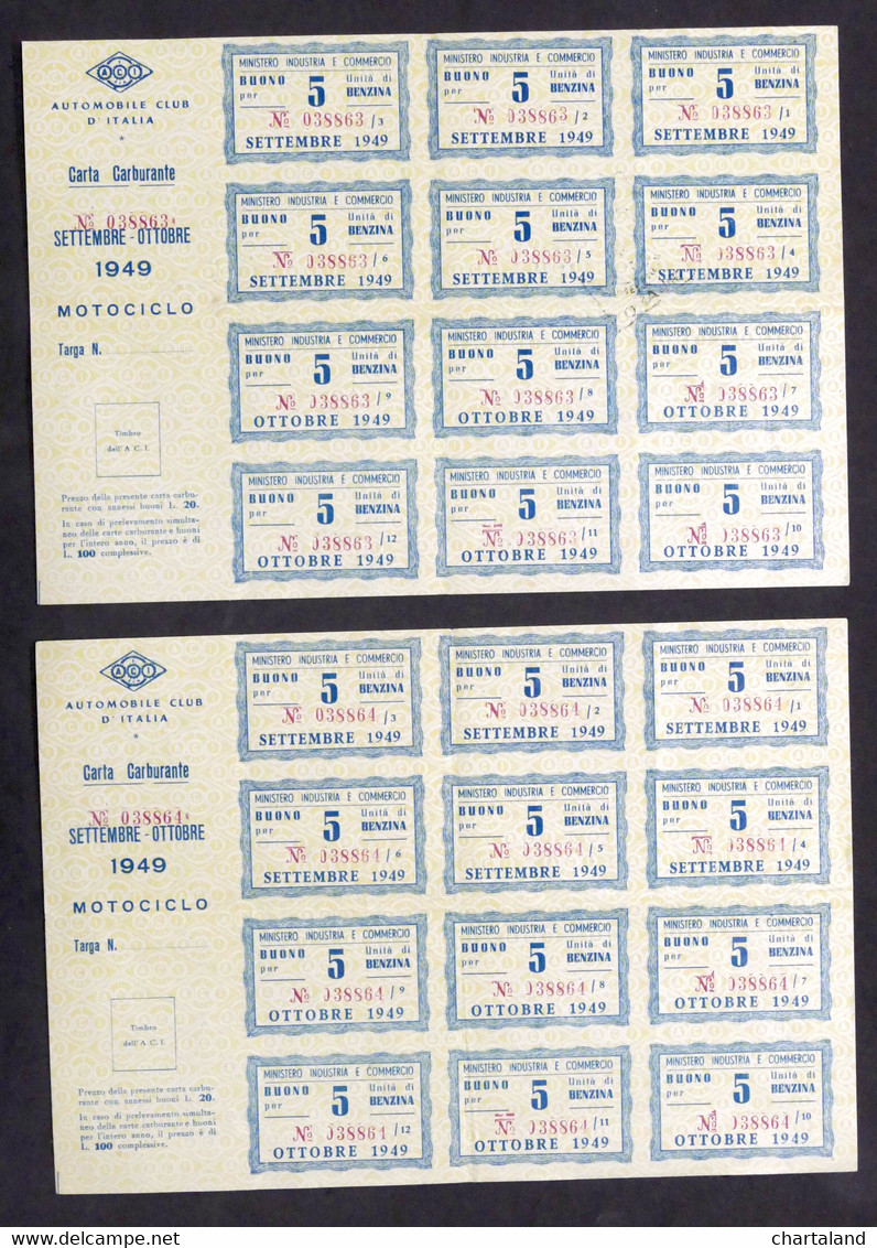 Lotto 2 Carte Carburante Settembre Ottobre 1949 - Motociclo - Buoni Benzina RARO - Altri & Non Classificati