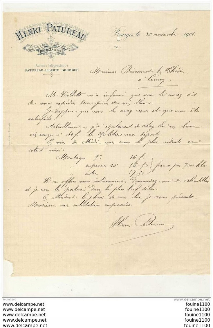 Facture De Henri PATUREAU  43 Boulevard De La Liberté à Bourges   ( 18 )( Recto Verso ) - 1900 – 1949