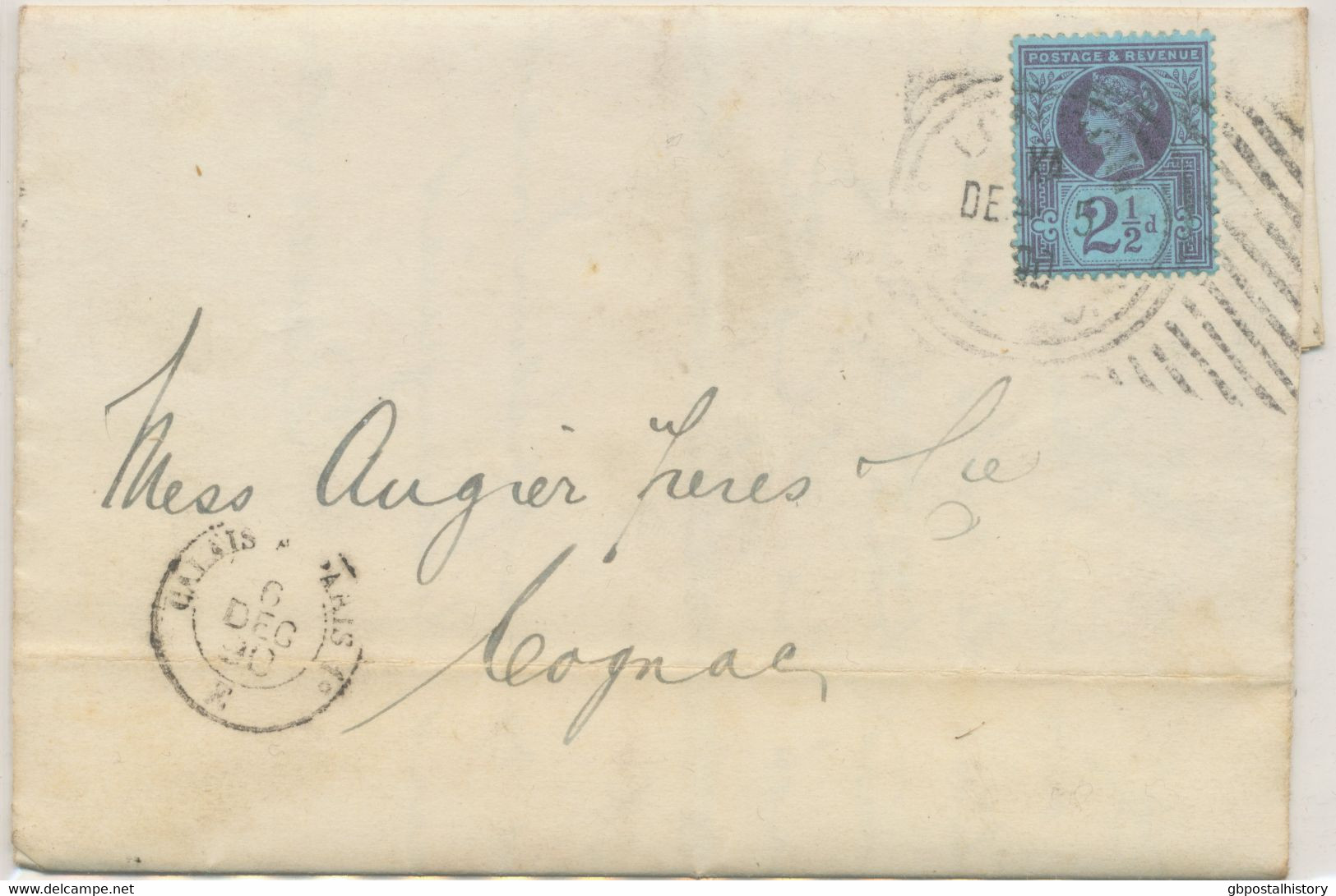 GB 1890 Rare Experimental Hoster Postmark (12 Thick Bars) „LONDON E.C“ On Superb Entire W Jubilee 2 ½d To COGNAC, FRANCE - Briefe U. Dokumente